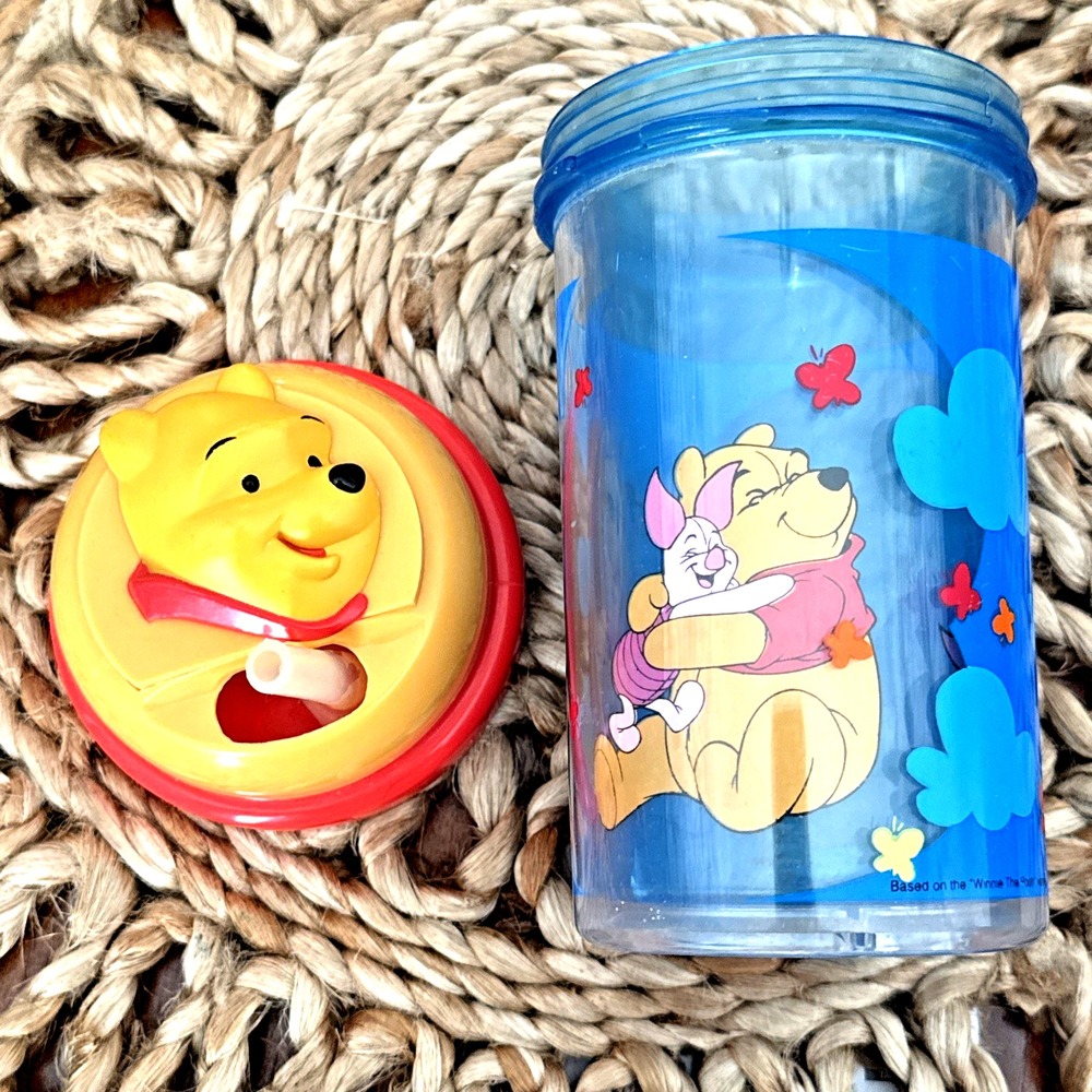 Rare Disney Winnie the Pooh & Piglet Spinning Window Sippy Cup Straw‎ Vintage